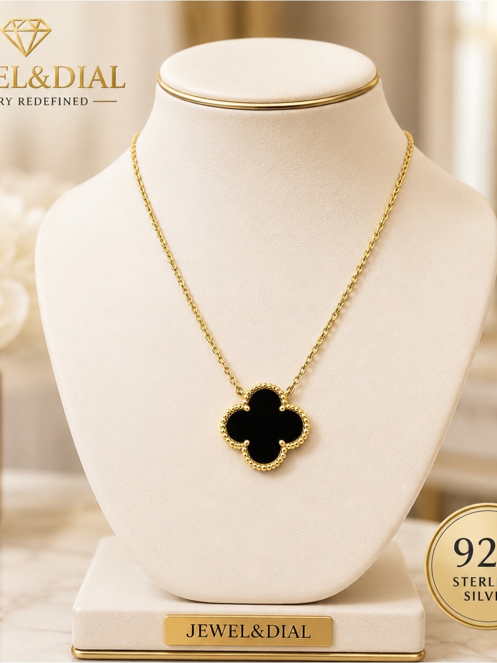 925 Sterling Silver Black Onyx Clover Necklace Gold Tone Adjustable 16-18”
